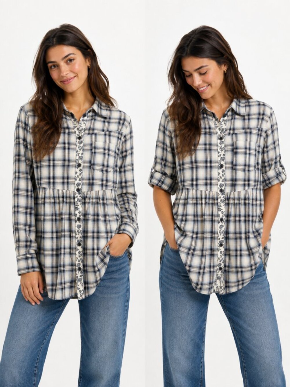 Free People Plaid Western Floral Accent Button Up Tunic Top Boho Preppy Size 12